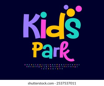 Vector playful flyer Kids Park. Bright Children Font. Funny Colorful Alphabet Letters and Numbers set.