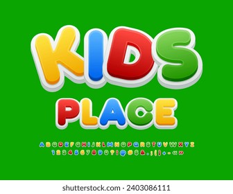 Vector playful flyer Kids Place. Bright Childish Font. Funny Colorful Alphabet Letters and Numbers set