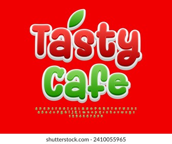 Vector playful flyer Tasty Cafe. Funny Green Font. Bright handwritten Alphabet Letters and Numbers.