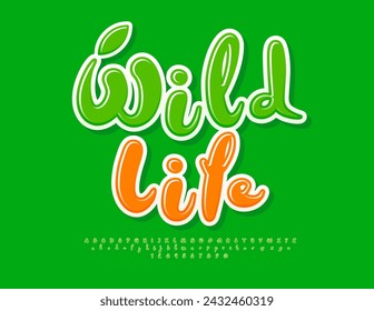 Vector playful flyer Wild Life. unny Glossy Font. Modern Green  Alphabet Letters and Numbers set. 