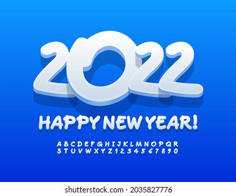 Vector playful Greeting Card Happy New Year 2022! White 3D Font. Original Alphabet Letters and Numbers set