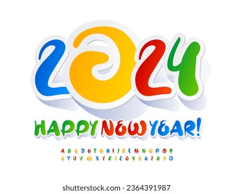 Vector playful Greeting Card Happy New Year 2024! Funny Bright Font. Colorful Kids Alphabet Letters and Numbers set