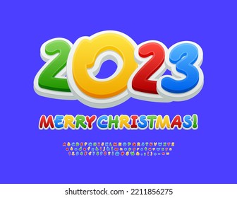 Vector playful Greeting Card merry Christmas! Bright Kids Alphabet Letters and Numbers set. Colorful creative Font
