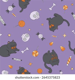 Vector Playful Halloween Black Cats, candy, skulls Seamless pattern