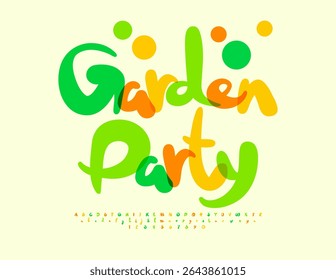 Vector Playful invitation Garden Party. Holiday Colorful Font. Trendy Alphabet Letters and Numbers set. 