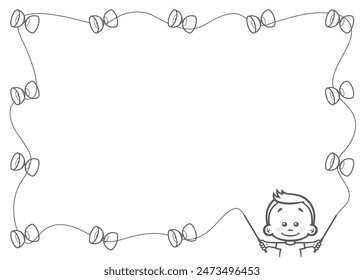 Vector juguetón niño hace malabares con una cadena de diabolo yoyos contra un fondo blanco. Marco del diploma. Aislado sobre fondo blanco