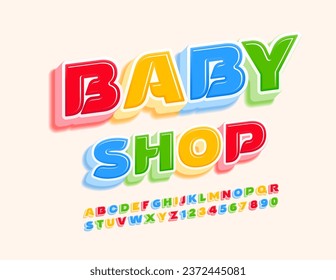 Vector playful logo Baby Shop. 3D colorful Font. Creative Alphabet Letters and Numbers set