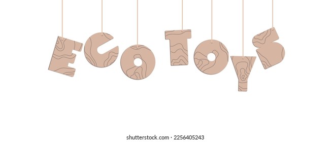 Vector playful logo Eco Toys. Wooden toys hanging on strings.
