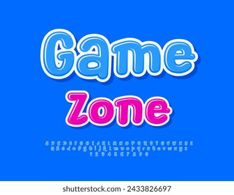 Vector playful logo Game Zone. Funny Glossy Font. Handwritten Blue Alphabet Letters and Numbers set