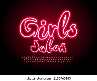 Vector playful logo Girls Salon. Bright Handwritten Font. Red Neon Alphabet Letters and Numbers set