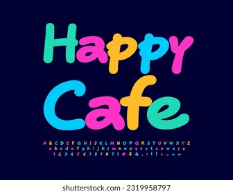 Logotipo vectorial alegre Happy Cafe con letras de alfabeto, números y símbolos escritos a mano. Fuente artística colorida