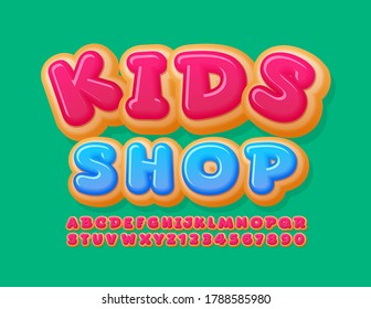 Vector playful logo Kids Shop. Donut Pink Font. Happy sweet Alphabet. Tasty comic Letters and Numbers