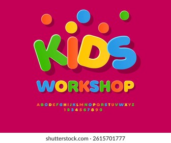 Vector Playful logo Kids Workshop. Bright Children Font. Colorful Cool  Alphabet Letters and Numbers set.