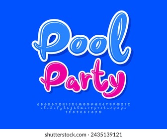 Vector logo juguetón Pool Party. Fuente divertida creativa. Letras y números de alfabeto azul brillante.