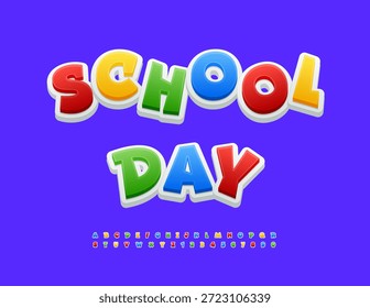 Vector Playful Logo Schultag. Farbige Kinderschrift. Lustige helle Alphabet Buchstaben und Zahlen gesetzt.