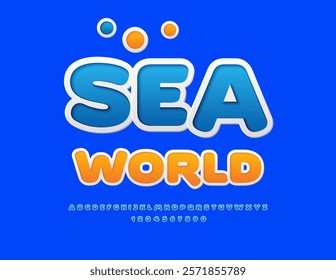 Vector playful logo Sea World with bright Alphabet Letters and Numbers set. Blue modern Font