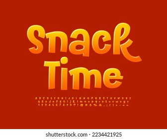 Vector playful logo Snack Time. Bright glossy Font. Creative Alphabet Letters and Numbers set