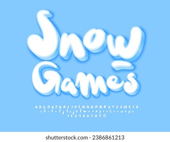 Vector playful logo Snow Games. Cute White 3D Font. Funny handwritten Alphabet Letters and Numbers