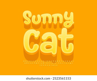 Vector playful logo Sunny Cat. Funny Yellow Font. Yellow 3D Alphabet Letters and Numbers set.