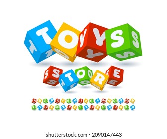 Vector playful logo Toys Store with colorful Blocks Font. Creative 3D Alphabet Letters and Numbers set