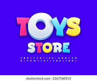 Logotipo vectorial juguetón Toys Store con letra brillante y divertida. Conjunto de letras y números de alfabeto de estilo infantil