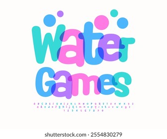 Vector playful logo Water Games with creative Alphabet Letters and Numbers set. Childish bright Font