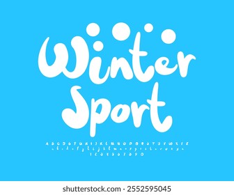 Vector playful logo Winter Sport. Snow White Font. Funny Alphabet Letters and Numbers set.