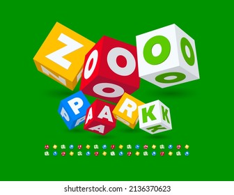 Vector playful logo Zoo Park. Colorful Block Font. Cubic shape Alphabet Letters and Numbers set