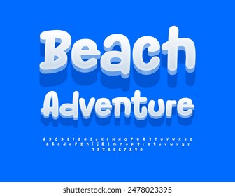 Vektorgrafik verspieltes Popster Flyer Beach Adventure. Lustige 3D-Schrift. Handgeschriebene weiße Alphabet-Buchstaben und Zahlen gesetzt.