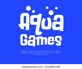 Vector playful poster Aqua Games. Creative White Font. Comic style Alphabet Letters and Numbers set.