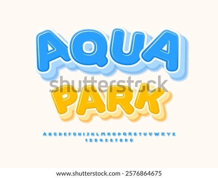 Vector Playful poster Aqua Park with Kids style Font. 3D Blue Alphabet Letters and Numbers set.