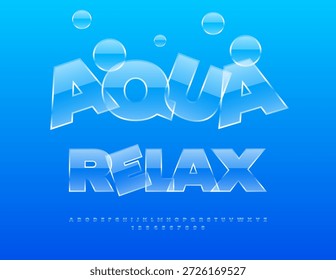 Vector Póster juguetón Aqua Relax. Frente Transparente Brillante. Conjunto de letras y números de alfabeto de vidrio