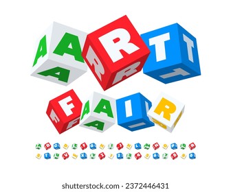 Vector playful poster Art Fair with 3D colorful Font. Cubic Alphabet Letters and Numbers set