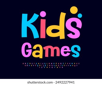 Vector playful poster Kids Games. Funny Artistic Font. Trendy Colorful Alphabet Letters and Numbers set.