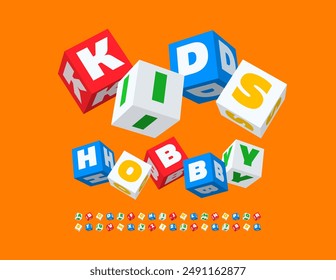 Vector cartel juguetón Kids Hobby. Cute 3D Cube Font. Bloques de colores Letras y números alfabéticos.