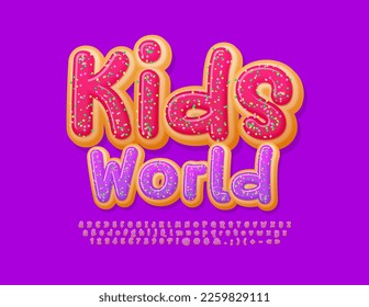 Vector playful poster Kids World. Creative Donut Font. Funny handwritten Alphabet Letters and Numbers set