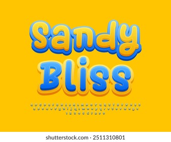 Cartel de Vector juguetón Sandy Bliss. Fuente brillante azul y amarillo. Conjunto de letras y números del alfabeto escrito a mano.