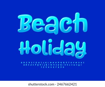 Vector signo juguetón Playa Festiva. Fuente Brillante Graciosa. Conjunto manuscrito azul de letras y números del alfabeto.