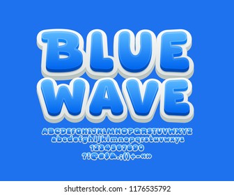 Vector Playful Sign Blue Wave. Children style Font. Funny Alphabet Letters, Numbers and Symbols
