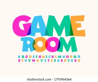 Vector Playful Sign Game Room. Cartoon Colorful Font. Bright Funny Alphabet Letters And Numbers