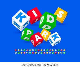 Vektorspielzeichen Kinderpark. 3D bunter Schriftart. Hübsches Set an kubischen Alphabet-Buchstaben, Zahlen und Symbolen