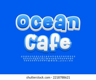 Vector juguetón Sign Ocean Cafe. Fuente divertida azul y blanco. Letras, números y símbolos de alfabetos 3D creativos
