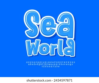 In: Vector Playful Sign Sea World. Lustige blaue Schrift. Trendige künstlerische Alphabet Buchstaben und Zahlen gesetzt. 