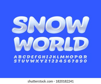 Vector playful sign Snow World. Ice cold Font. White glossy set of Alphabet Letters and Numbers