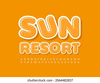 Vector playful Sign Sun Resort. Cute Yellow Font. Modern Alphabet Letters and Numbers