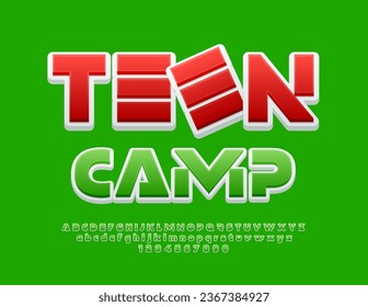 Vector playful sign Teen Camp. Green 3D Font. Creative style set of futuristic Alphabet Letters and Numbers