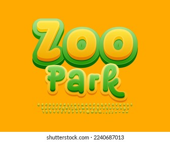 Vector playful sign Zoo Park. Green and Yellow handwritten Font. Funny 3D Alphabet Letters and Numbers
