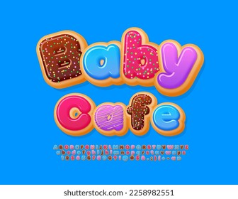 Vector playful Signboard Baby Cafe. Colorful Kids Font. Sweet Donut Alphabet Letters and Numbers set. 