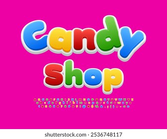 Vector playful signboard Candy Shop. Cute Colorful Font. Creative Kids Alphabet Letters and Numbers.