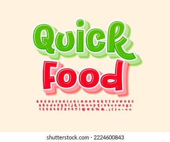 Vector playful signboard Quick Food. Funny Red Alphabet Letters, Numbers and Symbols set. Bright handwritten Font